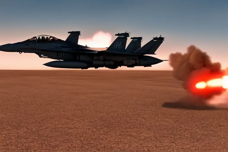 Image similar to a gritty hyperdetailed photorealistic f - 1 8 hornet ground attack aircraft shooting a missile at a small group of vehicles in the desert, volumemetric lighting, cinematic framing, cinematatic lighting, cinematic shadows, in the style of top gun maverick