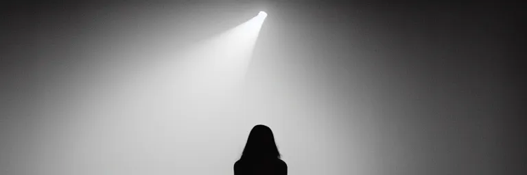 Prompt: dim lights shining through dark fog, emptiness, centered silhouette of a girl standing small, dress, spooky found footage, dramatic contrast, vast empty hall, trending on artstation