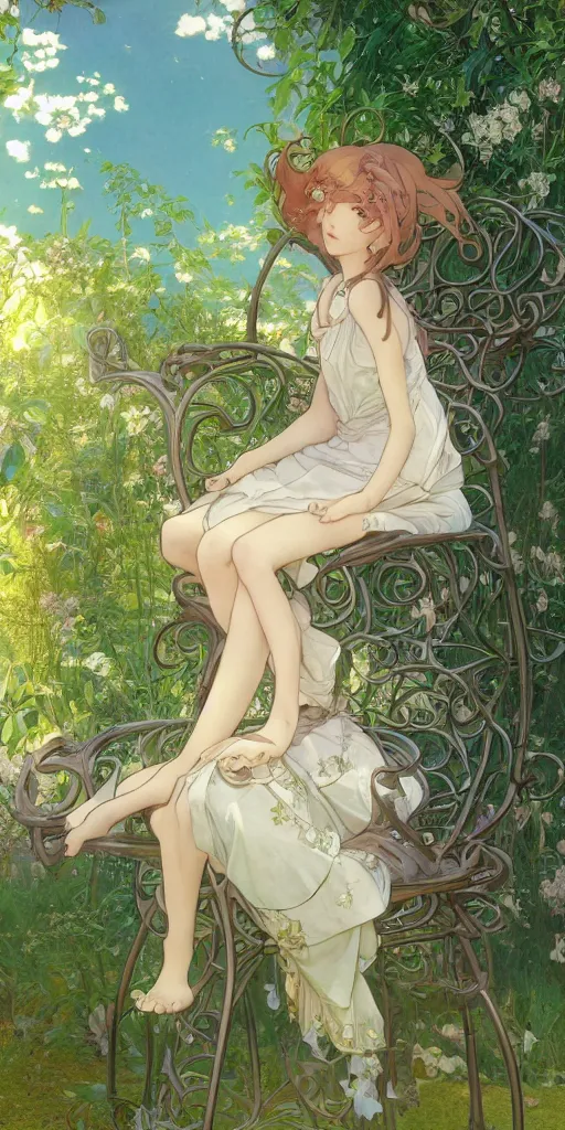 Image similar to a digital art of a loli with long hair in a dress sitting on a metal garden chair in the privet garden at afternoon, green and warm theme, back lighting, by mucha and akihito yoshida and greg rutkowski and makoto shinkai, extremely long shot, detailed eyes, 4 k resolution, trending on art station