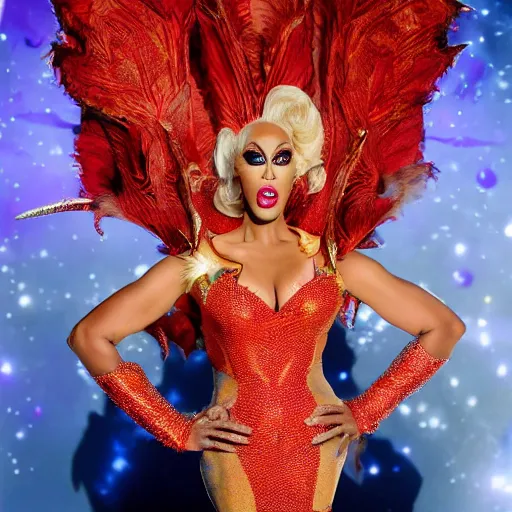 Image similar to rupaul's dragon race, television still, fantasy reality show, dragons, drag queens