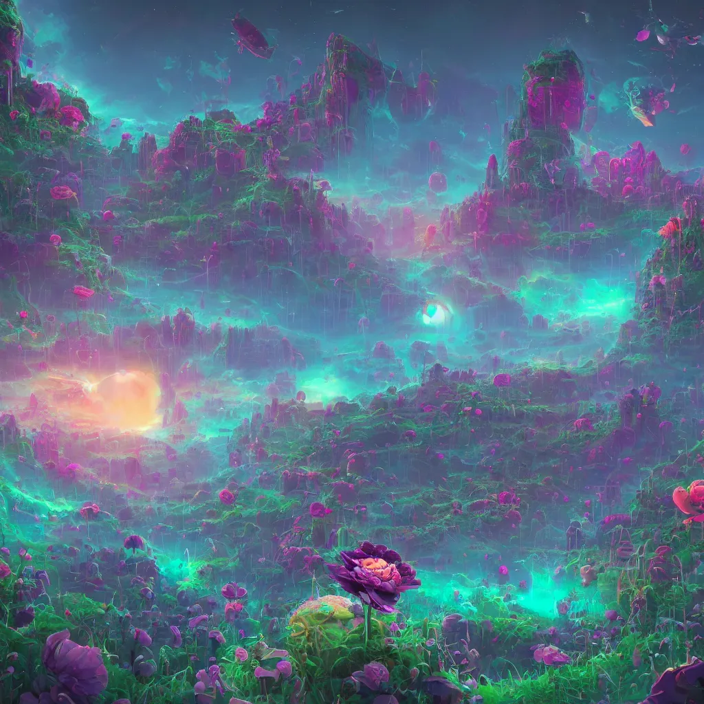 Image similar to concept art, a world full of life divine thrill of the biological tranquil sky, atoms floating, cosmic horror, gothic harts, flowers, artwork by beeple and lisa frank, fantasy art, high - detailed, 8 k, uhd