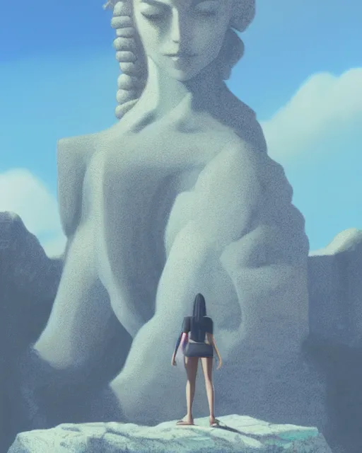 Prompt: a painting of a real woman standing in front of a huge stone statue, a screenshot by stanley twardowicz, cgsociety, aestheticism, aesthetic, vaporwave, anime aesthetic