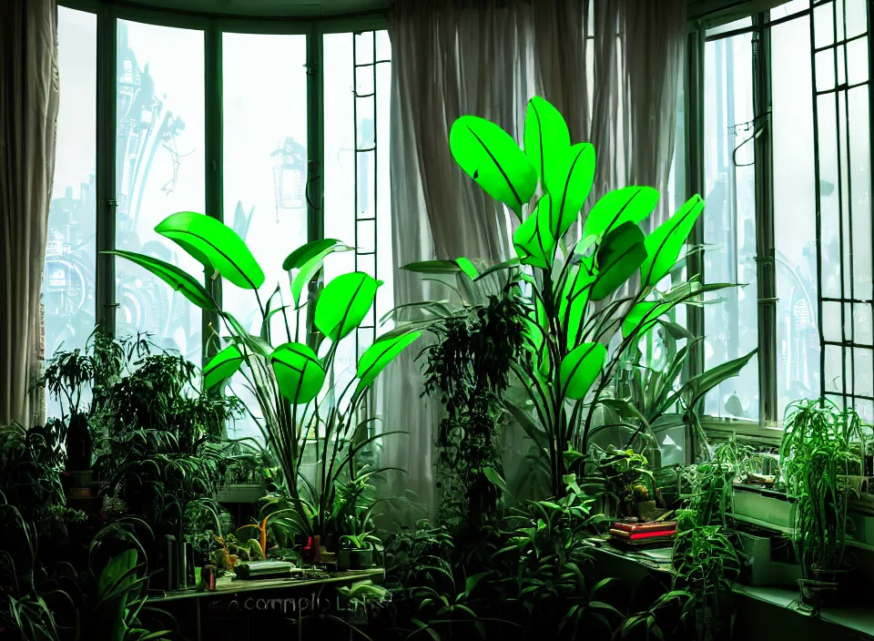 Prompt: telephoto 7 0 mm f / 2. 8 iso 2 0 0 photograph depicting a large alien jungle plant in a cosy cluttered french sci - fi ( art nouveau ) cyberpunk apartment in a pastel dreamstate art cinema style. ( computer screens, window ( city ), leds, lamp, ( ( ( aquarium bed ) ) ) ), ambient light.