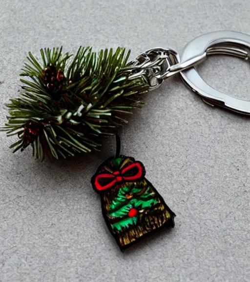 Image similar to realistic keychain of 'a snowy pine tree'