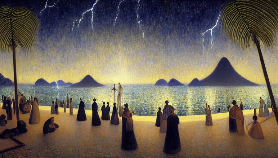 Image similar to a ultradetailed beautiful painting of the night sky of the rio de janeiro palace balustrade designed by tarsila do amaral, jules bastien - lepage, frank weston and gustave baumann, beach, trending on artstation, mediterranean, palm trees, sharp focus, lightning star sparkles refraced lines, soft light, 8 k