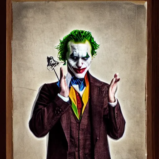 Image similar to The joker in a old Historian portrait 4K quality