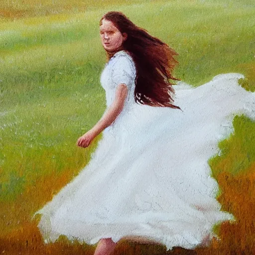 Image similar to an impressionist oil painting of girl with long hair in a white long dress running on the field in a foggy weather