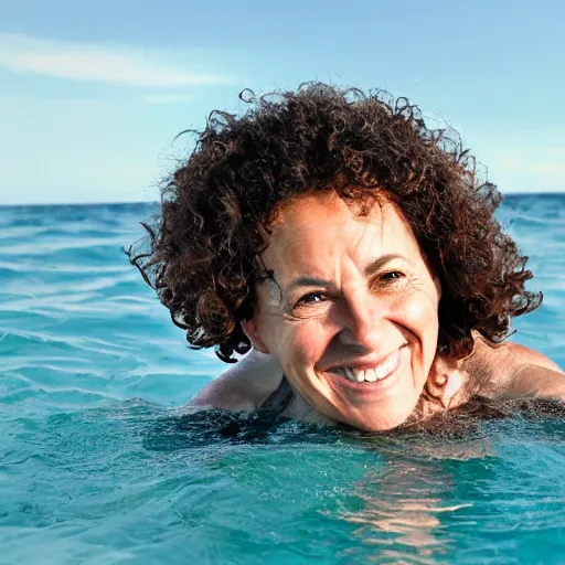 Image similar to an athletic woman in her fifties with curly brown hair, swimming smiling in the middle of a rough sea surrounded by sharks. above her, in the sky, a star.