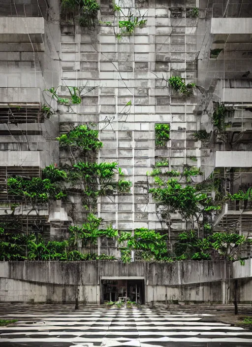 Image similar to “derelict architecture single building , the floor are checkered with plants around the building, building designed by architect Oscar Niemeyer, architecture digest, building surrounded in a luxury environment, bright tones, fluorescent lighting,volumetric Lighting, photorealism, high detail, golden ratio, cinematic, octane renderer”