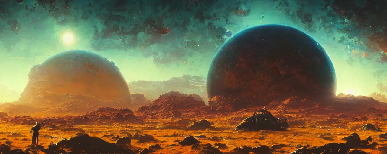 Image similar to ” outer planet with clear sky and vast plains, [ cinematic, detailed, epic, widescreen, opening, establishing, mattepainting, photorealistic, realistic textures, octane render, art by paul lehr ] ”