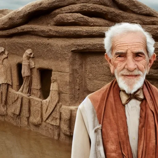 Image similar to cinematic film still of 80 year old Mediterranean skinned man in ancient Canaanite clothing stands in front of Noah's ark. Storm clouds. directed by Steven Spielberg