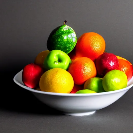 Image similar to bowl of fruit, black background, depth of field