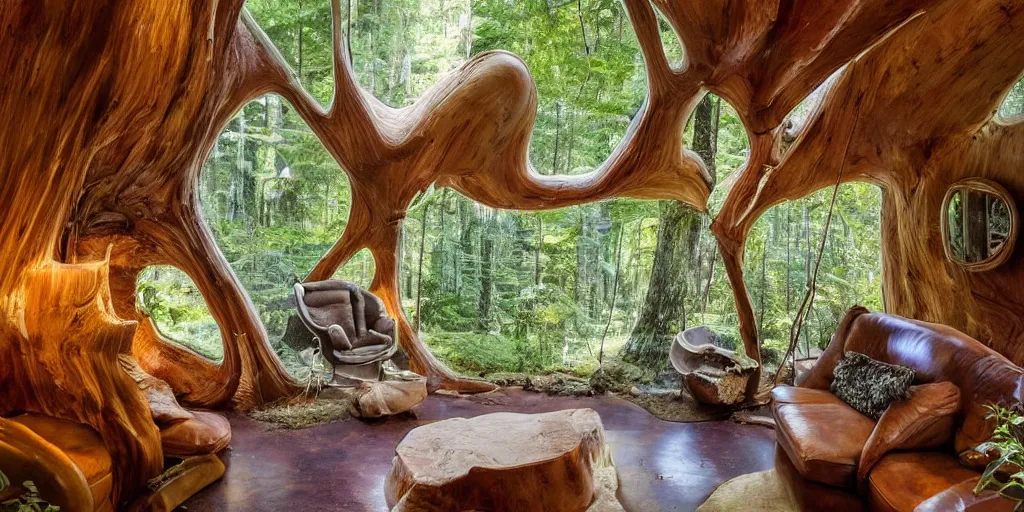 Image similar to cozy residence made from an enormous amantia mushroom, pacific northwest