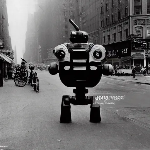 Image similar to old black and white photo, 1 9 1 3, depicting a retrofuturistic robot rampaging through the bustling streets of new york city, historical record