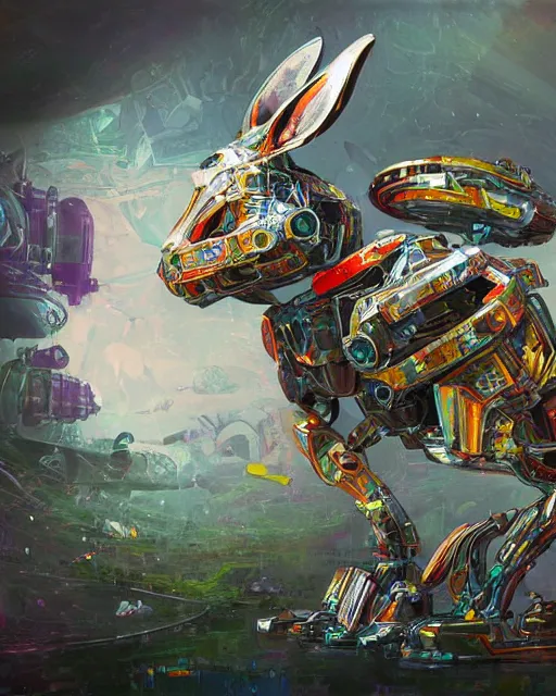 Prompt: mecha rabbit in wonderland, highly detailed, concept art, scifi, bizarre, abstract, colorful, sharp focus, trending on artstation, intricate, atmosphere, art by roman makarenko, dzung phung dinh