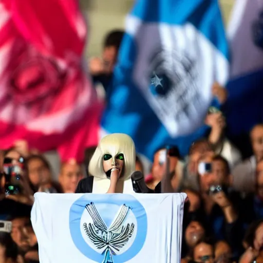 Image similar to Lady Gaga as president, Argentina presidential rally, Argentine flags behind, bokeh, giving a speech, detailed face, Argentina