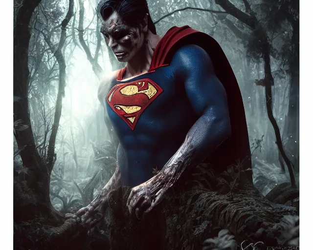 Image similar to 5 5 mm portrait photo of a demonic undead superman in a magical forest. magical atmosphere. art by greg rutkowski and luis royo. highly detailed 8 k. intricate. lifelike. soft light. nikon d 8 5 0.