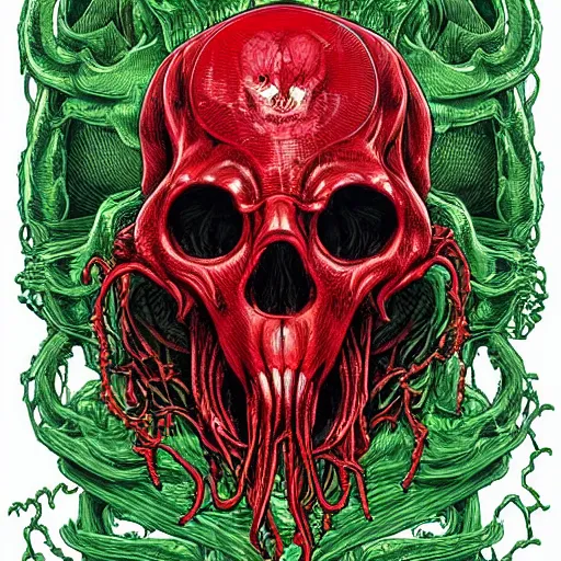 Prompt: a red cthulhu skull in a green sea enveloped by jellyfish tendrils and black seaweed by josan gonzalez and dan mumford, highly detailed, high contrast