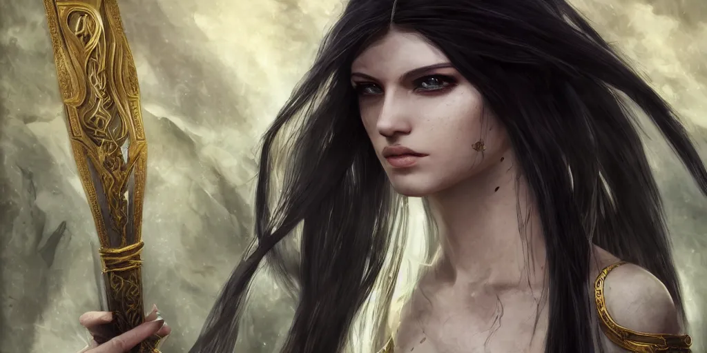 Prompt: a young beautiful priestess with long black hairweaving golden strings of magic, barroque painting, ultra realistic. cinematic, dynamic. magic the gathering style. epic fantasy, insanely detailed, 4k, symmetrical face, rpg character reference. gourgeous.