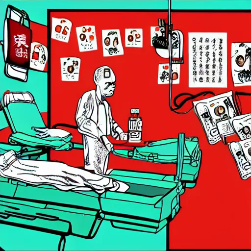 Image similar to chinese surgery operating table, in the style of daniel johnston and outsider art, 8k, line brush, overlaid with chinese adverts