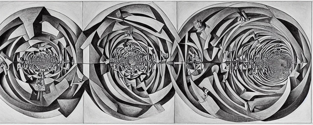 Prompt: The Labyrinth of Time, by M.C. Escher and Jorge Luis Borges