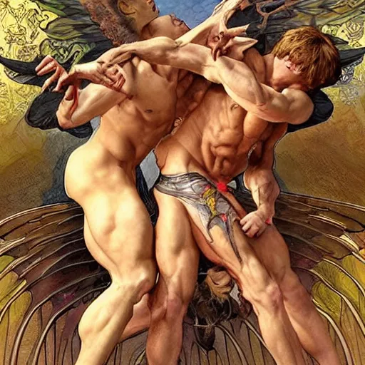 Prompt: slim and muscular angels wrestling with demons, hyper realistic, digital painting. art station. mood lighting, highly detailed, concept art, intricate, sharp focus, by shaun berke and alphonse mucha, milo manara - h 1 2 0 0