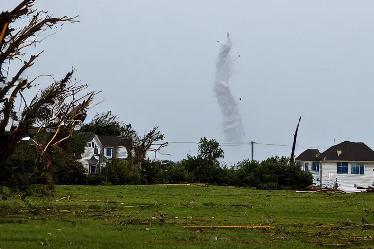 Prompt: a far away shot of a tornado hitting a house