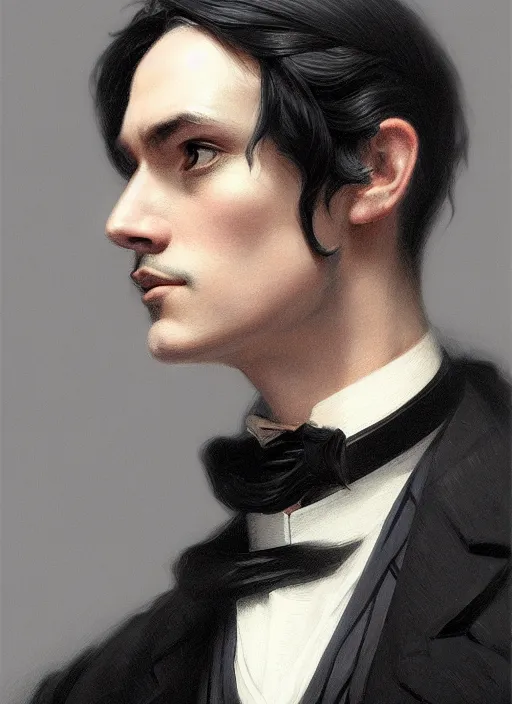 Prompt: 3 / 4 view of a portrait of man in victorian clothing, confident pose, intricate, elegant, sharp focus, illustration, highly detailed, concept art, matte, trending on artstation, anime, art by james jean and artgerm and brian despain and alberto mielgo, greg rutkowski, wlop, ilya kuvshinov, strong strokes