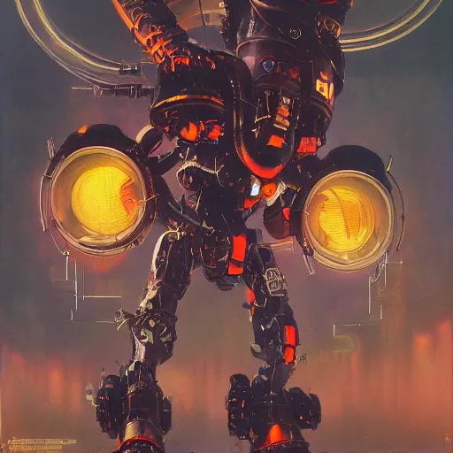 Image similar to a dark and colorful close - up of sci - fi mecha demons. highly detailed science fiction painting by norman rockwell, frank frazetta, and syd mead. rich colors, high contrast, gloomy atmosphere, dark background. trending on artstation