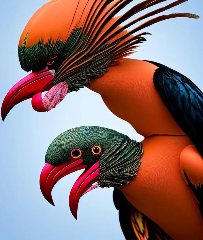 Prompt: a high resolution realistic photo portrait of a birdlike sculpture creature made of birds merged, creature wrinkles pheasant, feathers exotic morphing hoopoe, morphing wings king vulture head