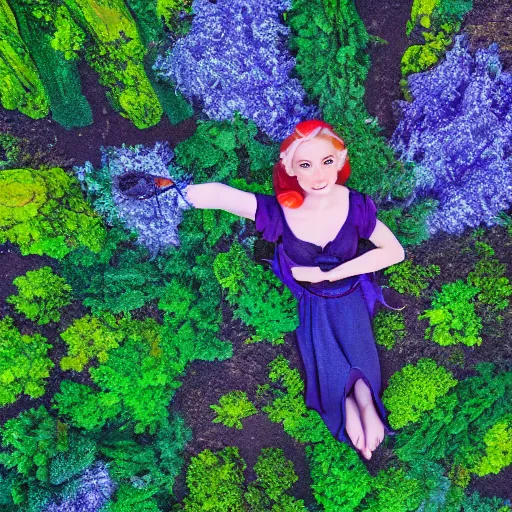 Prompt: young elf woman in enchanted forest vibrant overhead view detailed