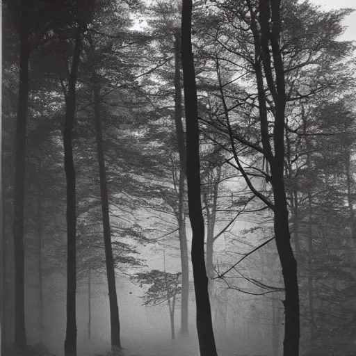 Image similar to mysterious and scary forest, mist, birds, a little daemond , 1972 photo