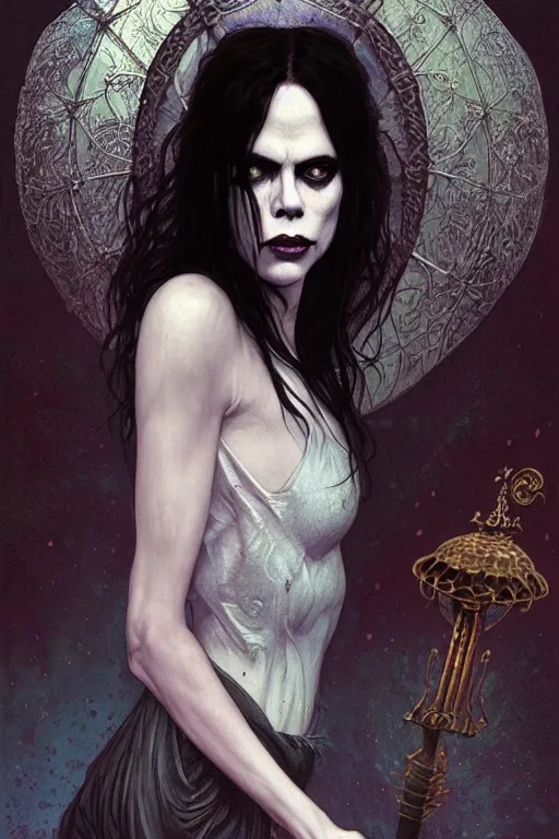 Prompt: portrait of fairuza balk as death of the endless, the sandman, grey clothes, in persian temple wet night, sci - fi and fantasy, intricate and very very beautiful and elegant, highly detailed, digital painting, artstation, concept art, smooth and sharp focus, illustration, art by tian zi and wlop and alphonse mucha