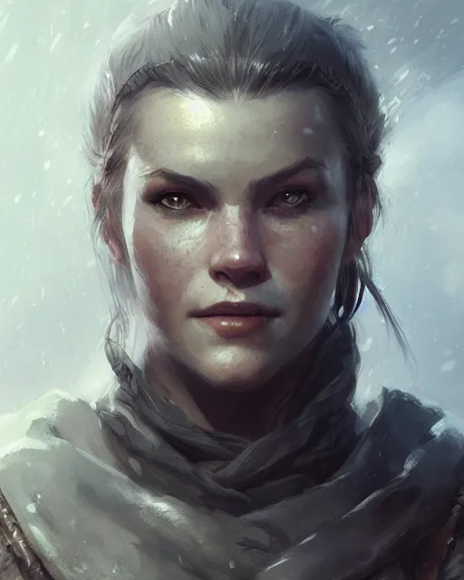 Image similar to the elder scrolls vi, charismatic rugged female nord warrior portrait, illustration, rim light, top light, perfectly shaded, soft painting, art by krenz cushart and wenjun lin