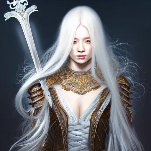 Image similar to portrait digital painting of a woman with flowing luscious glowing white hair standing whilst holding a sword, wearing intricate plate - armor and leather underneath. intricate, elegant, highly detailed, digital painting, artstation, concept art, smooth, sharp focus, illustration, by terry wei, qiu fang, tooth wu, kan liu, siwoo kim, jisu choe