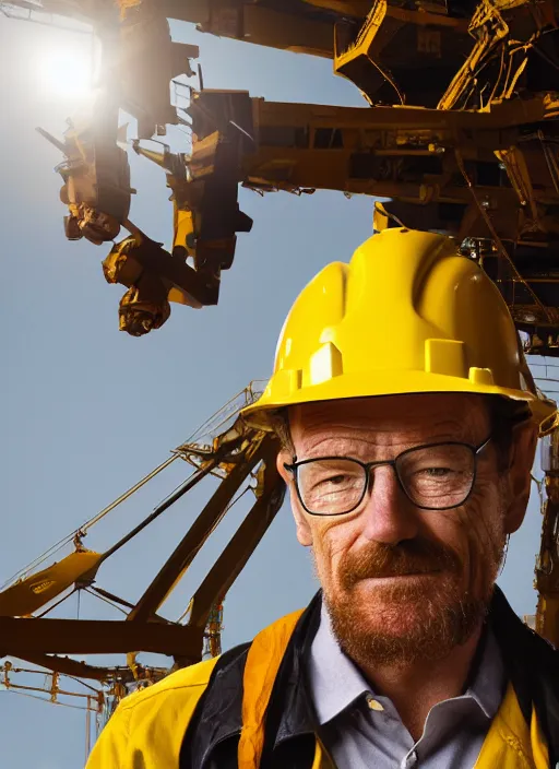 Prompt: closeup portrait of mecha bryan cranston with construction crane frame arms, yellow hardhat, natural light, bloom, detailed face, magazine, press, photo, steve mccurry, david lazar, canon, nikon, focus