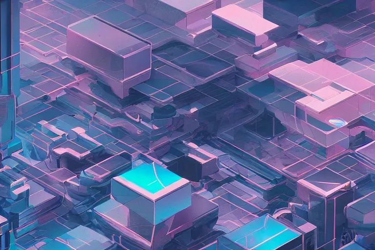 Image similar to soft clean chrome geometric landscape, cyberpunk, cinematic, retrofuturism, sci - fi, hyper realism, vaporwave aesthetic, extremely detailed, intricate, digital art