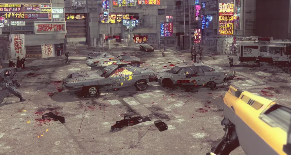 Prompt: 1995 Video Game screenshot for Akira style Anime Neo-tokyo Cyborg bank robbers vs police, Set inside of the Bank, Open Bank Vault, Multiplayer set-piece Ambush, Tactical Squads :10, Police officers under heavy fire, Suppressive fire, Pinned down, Destructible Enviorments, Gunshots, Bullet Holes and Anime Blood Splatter, :10 Gas Grenades, Riot Shields, MP5, AK45, MP7, P90, Chaos, Anime Machine Gun Fire, Gunplay, Shootout, :14 FLCL + Gunblade NY + Dynamite Cop, Cel Shaded:15, Created by Katsuhiro Otomo + Studio Gainax: 20