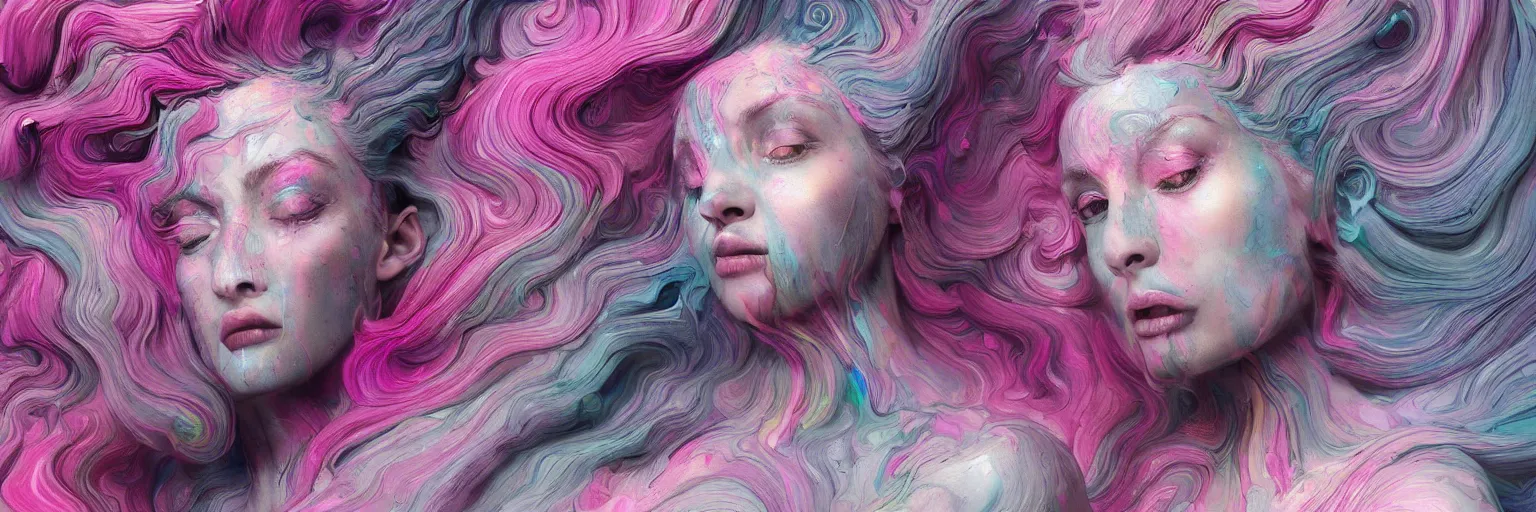 Prompt: A portrait of a very beautiful goddess with pink and grey hair radiating an artwork made of swirling paint and impasto by James Jean and WLOP , background is multicoloured volumetric displacement, hyperrealism, subsurface scattering, arnold render, noise to volume, 8k, houdini, xparticles