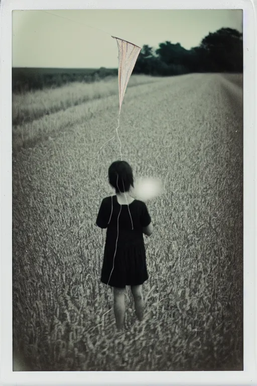 Image similar to photo polaroid of sad and lonely childin the middle of a country road holding the thread of a kite many flowers in the fields , loneliness, black and white ,photorealistic, 35mm film,