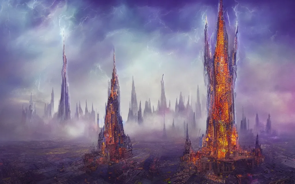 Prompt: the one and only large base majestic upright magic tower, thunders, highly detailed background, fog on the ground, a dash of magic, vibrant color palette, trending on artstation, digital art, by salvador dali