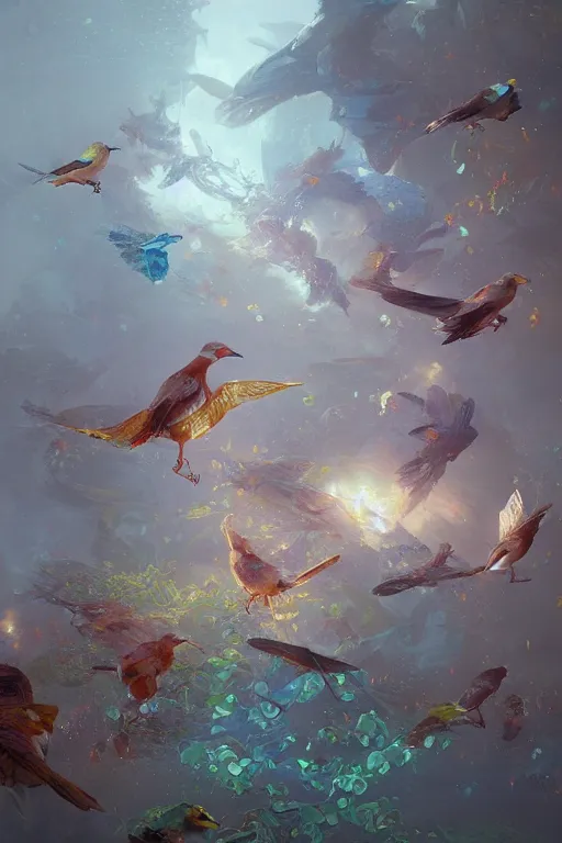 Prompt: flocking birds in intricate detailed color smashing fluid oilpaint, 3 d render, hyper realistic detailed, color leaves, ruan jia, wlop. scifi, fantasy, hyper detailed, octane render, concept art, by peter mohrbacher, by wlop, by ruan jia, by alphonse mucha