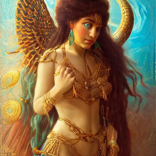 Prompt: artstation, intricate detail, portrait by gaston bussiere, tan skin, lady of elche, egyptian sumerian features, techno mystic dominatrix goddess intergalactica inanna with aqua neon rapunzel dreadlocks,