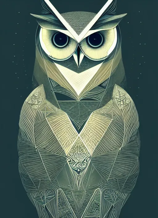 Image similar to portrait of a geometric owl, identical eyes, medium shot, illustration, full body made of white feathers, symmetrical, art stand, super detailed, cinematic lighting, and its detailed and intricate, gorgeous, by peter mohrbacher