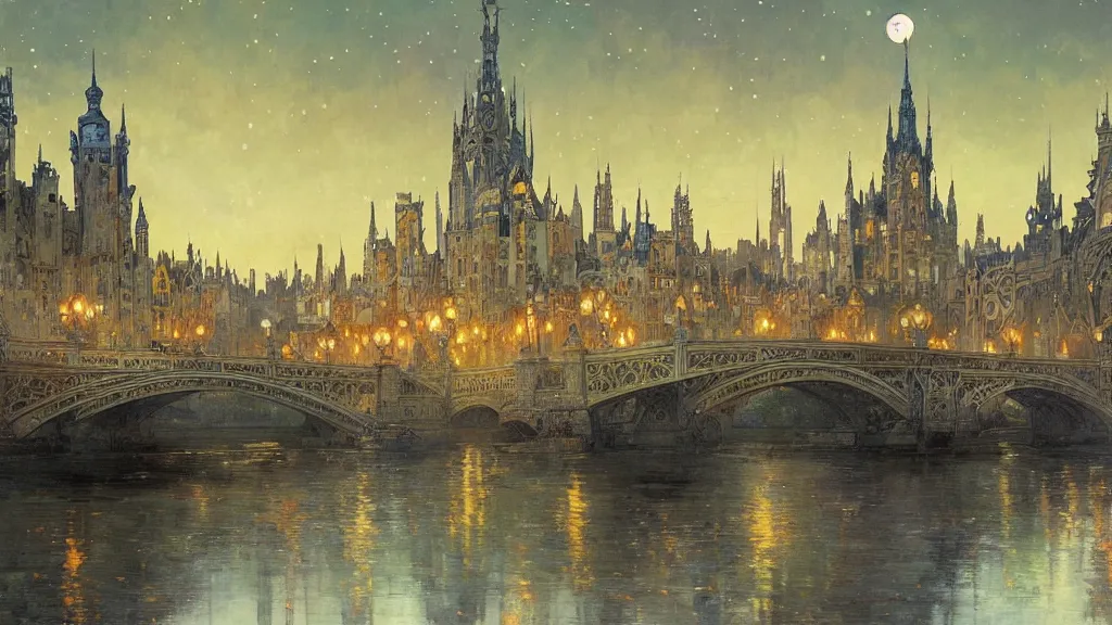 Image similar to a beautiful painting of the view from the river of a city of bridges and arches, with art nouveau architecture, at night with a sky full of stars, intricate, elegant, highly detailed, digital painting, artstation, concept art, by krenz cushart and artem demura and alphonse mucha