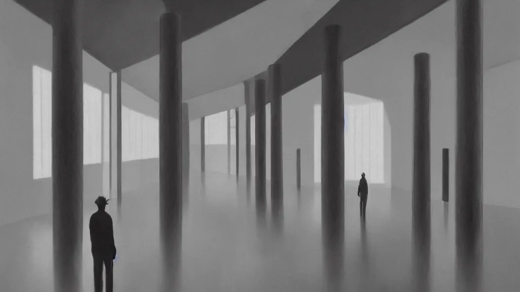 Prompt: minimalist industrial interior hallway with monolithic pillars in the style of ridley scott and stanley kubrick, impossible architecture, ultra view angle view, lone person in the distance, realistic detailed painting by edward hopper