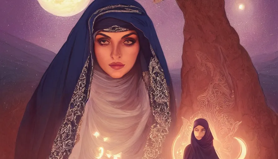 Image similar to Portrait of very very very very very very beautiful Arab woman wearing a Niqab, under giant full moon in the desert, intricate, glowing magical eyes, energy trails, elegant, highly detailed, digital painting, artstation, concept art, smooth, sharp focus, illustration, art by artgerm and greg rutkowski and alphonse mucha