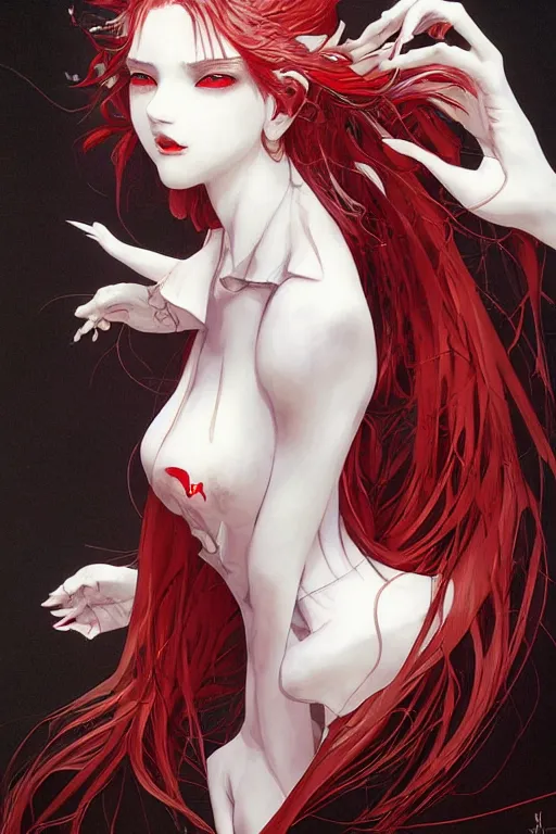 Image similar to vampire beautiful girl soft light painted by james jean and katsuhiro otomo and erik jones, inspired by evangeleon anime, smooth face feature, intricate oil painting, high detail illustration, sharp high detail, manga and anime 1 9 9 9