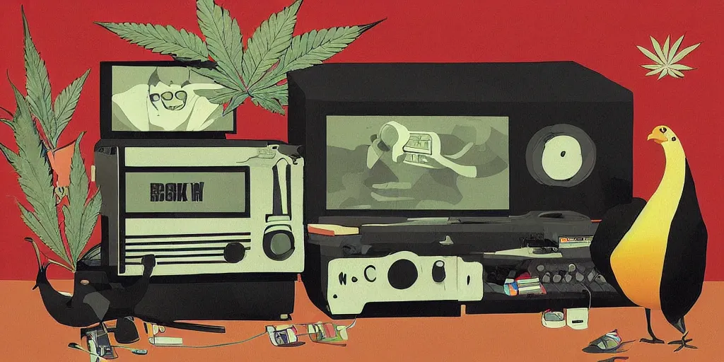 Prompt: 'black chicken'!!! smoking 'cannabis!!!!!!' in front of 'radio console'!!!! and 'multi monitors!!!!!!' in a tv broadcasting studio, artwork by James Gilleard
