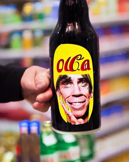 Prompt: a hand holding a bottle of cola with iggy pop's face on the label, inside a supermarket